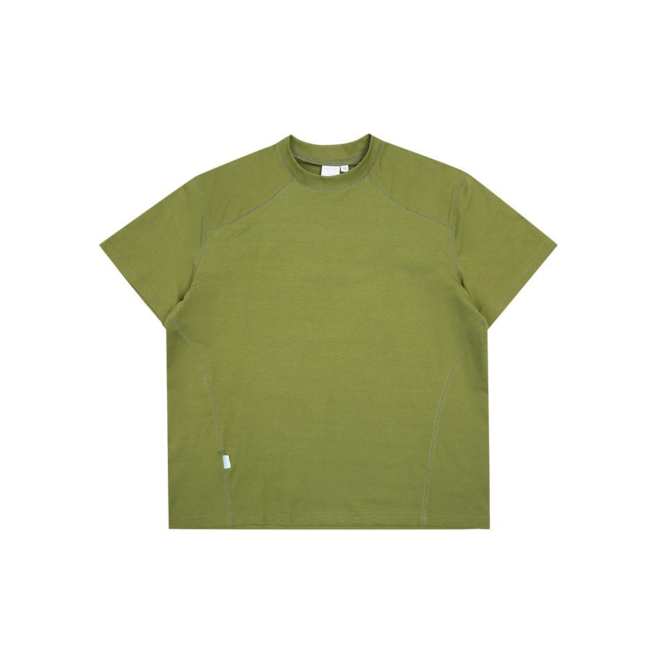 Olive green short-sleeve crew-neck T-shirt flat lay with contrast topstitched shoulder and side seams