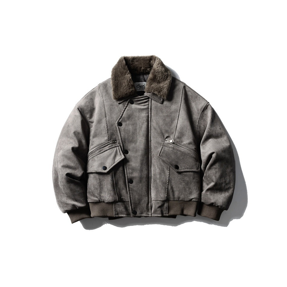 Gray suede-look bomber jacket with olive-brown faux-fur collar, snap front, flap zip pockets and ribbed cuffs