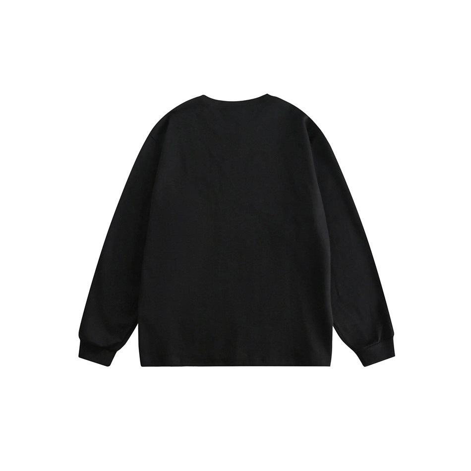 Back view of a plain black long-sleeve crewneck top with ribbed cuffs and a straight hem.