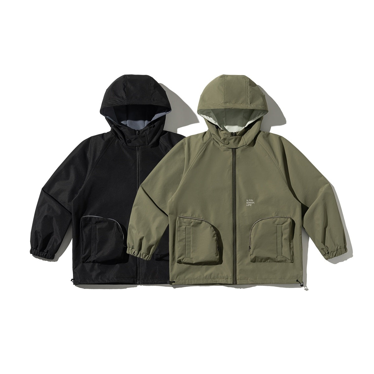 Front view of black and olive hooded jackets with front zippers, large pockets, and gathered cuffs.