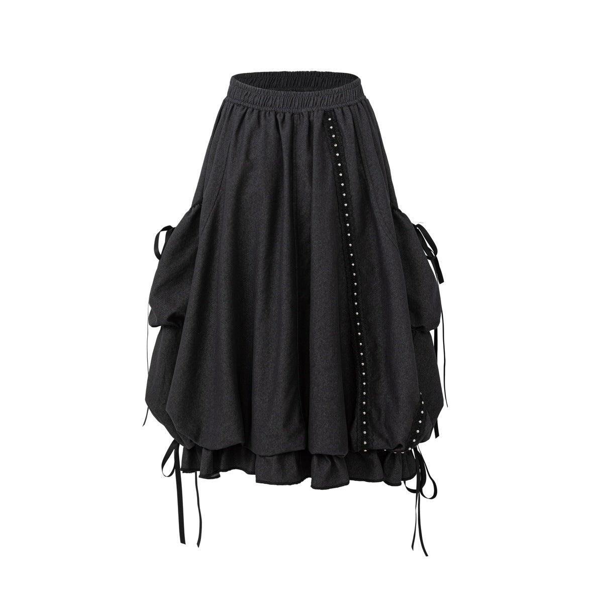 Black bubble midi skirt with elastic waist, ribbon ties, studded lace trim and ruffled hem layer on white background