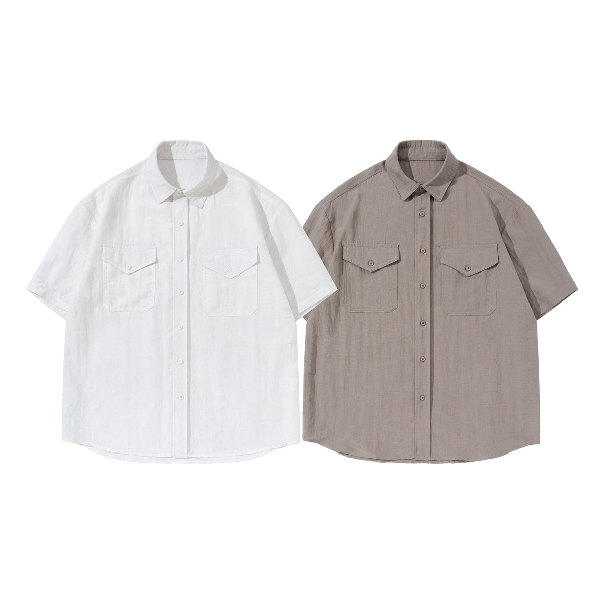 Front views of two short-sleeve button-up shirts, one white and one taupe, each with two flap chest pockets.