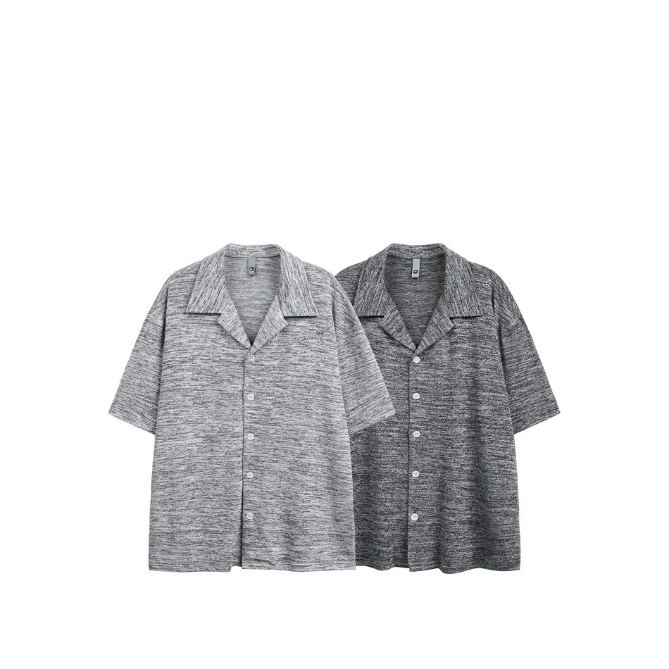 Two short-sleeve button-front shirts with notched collars, shown in light gray and dark gray marled colorways.