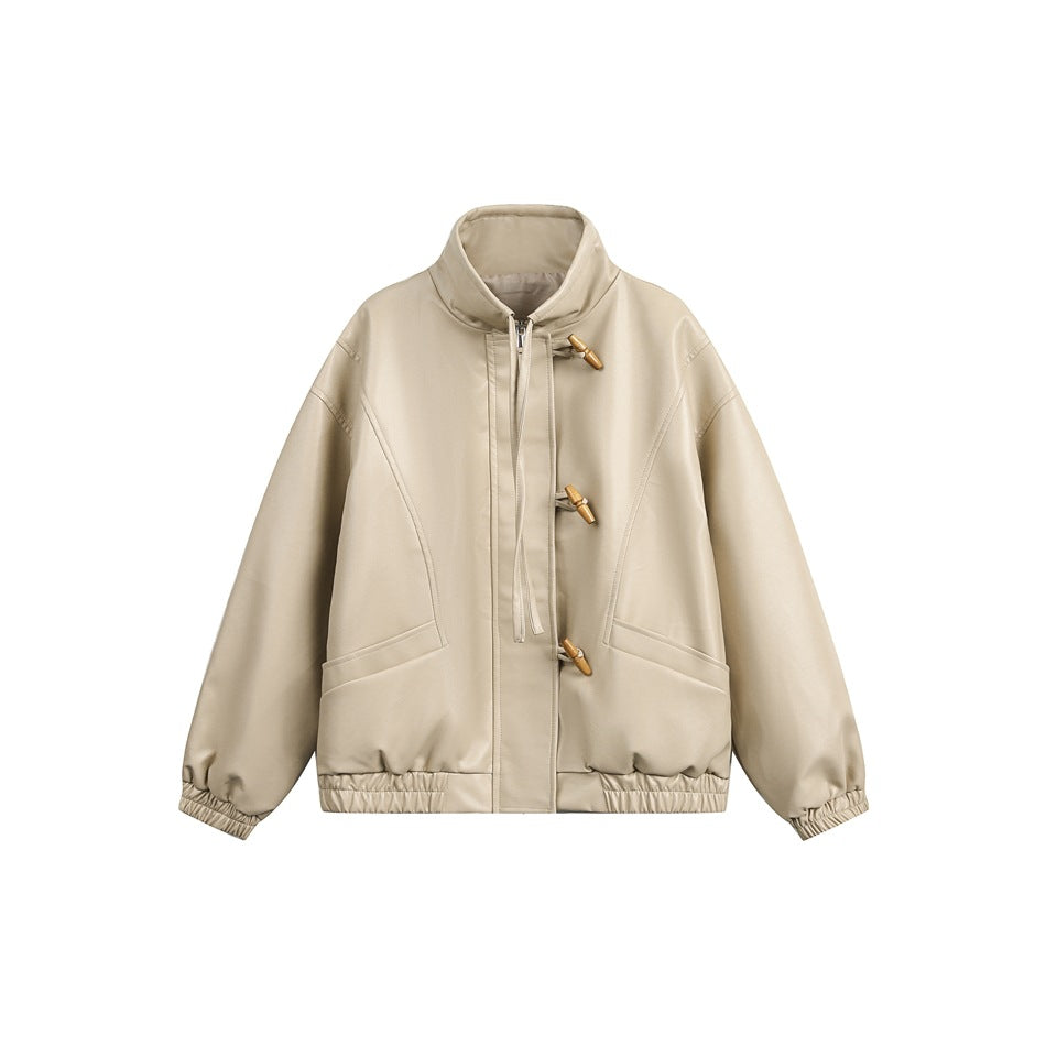 Beige faux-leather jacket with stand collar, wooden toggle closures, front pockets and elastic cuffs and hem
