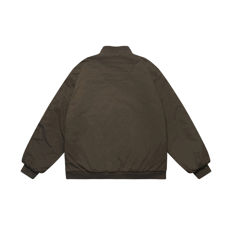 Back view of a dark olive bomber jacket with ribbed collar, cuffs, and hem.