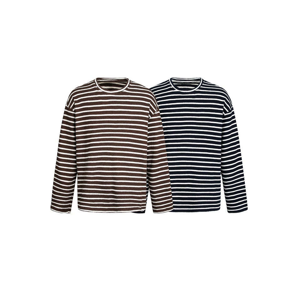 Two long-sleeve crew-neck striped sweaters shown side by side in brown and white, and navy and white.