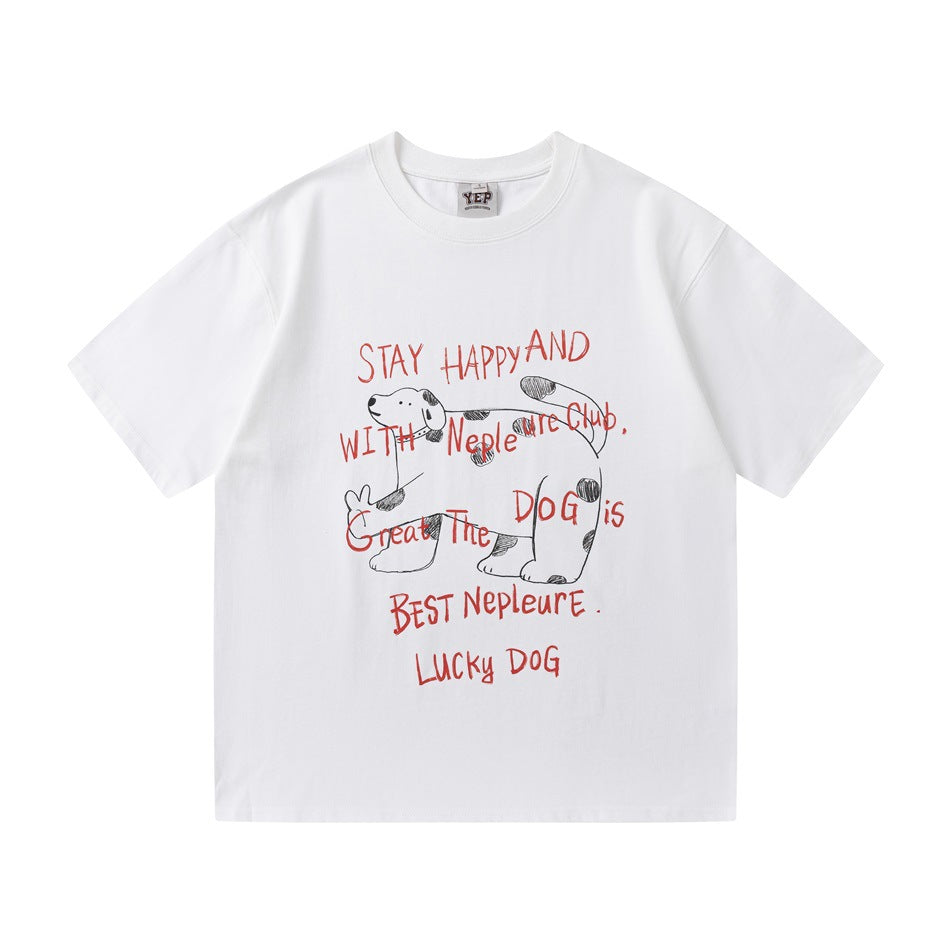 White short-sleeve crew-neck T-shirt with red handwritten text and a spotted dog illustration on the front