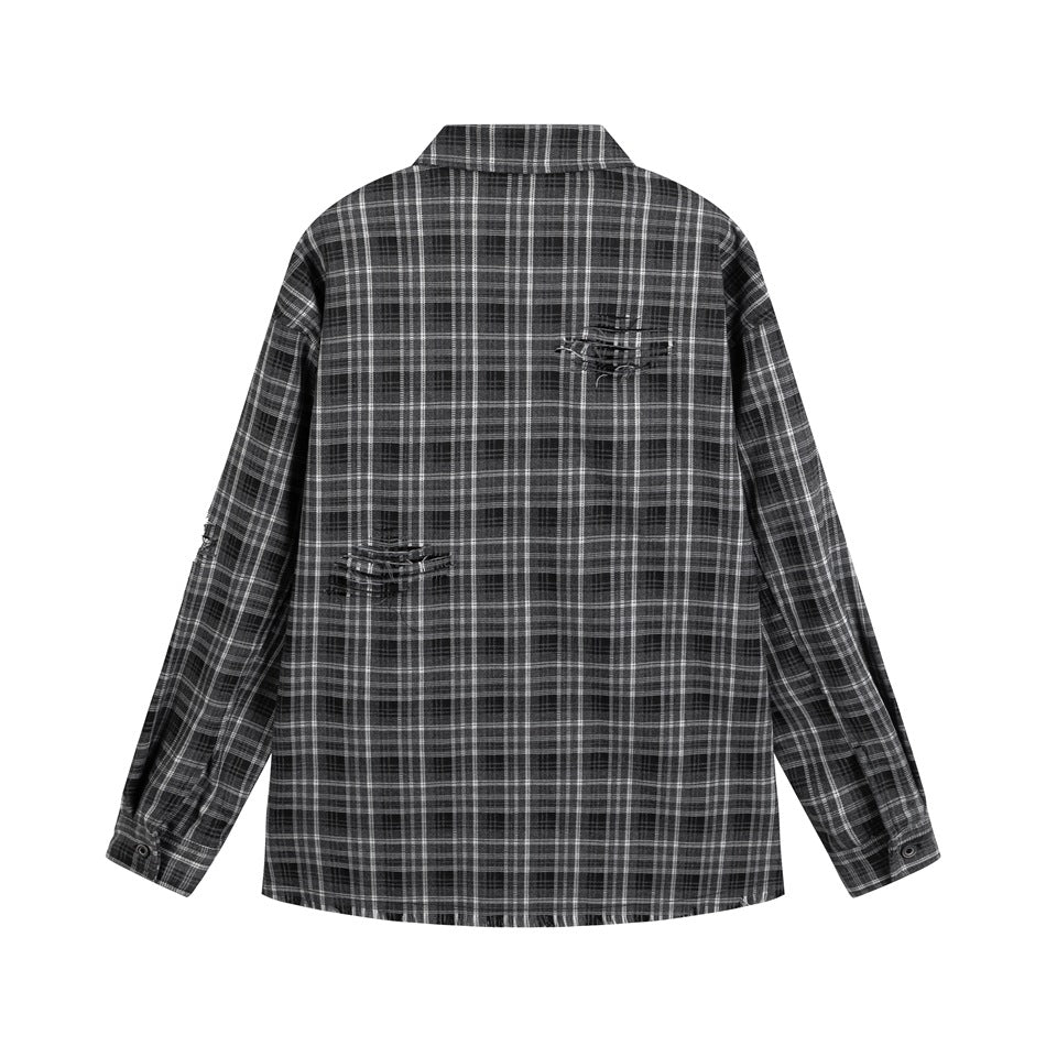 Back view of a black-and-gray plaid long-sleeve button-up shirt with two small patch details.