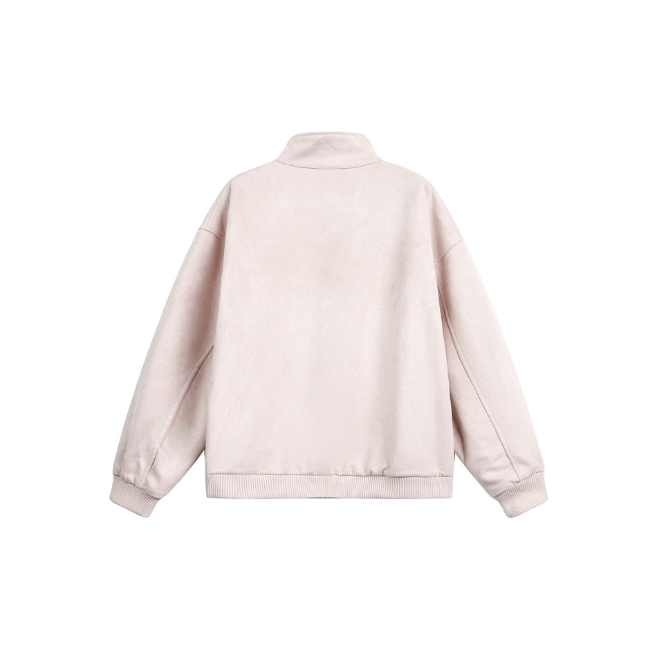 Back view of a pale blush jacket with a raised collar, long sleeves, and ribbed cuffs and hem.