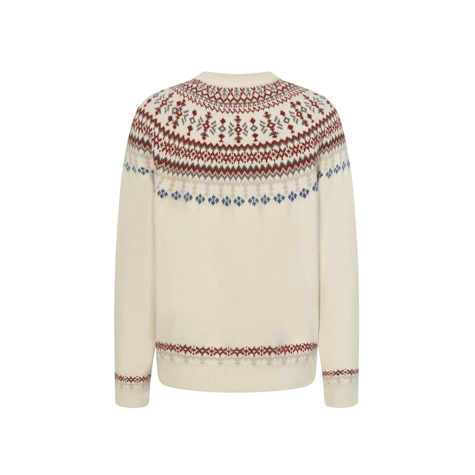 Back view of an ivory crew-neck sweater with red, taupe, and blue Fair Isle-style patterns across the shoulders and trim.