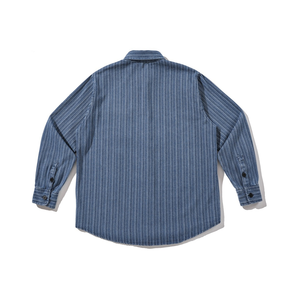 Back view of a blue pinstriped long-sleeve button-up shirt with buttoned cuffs.