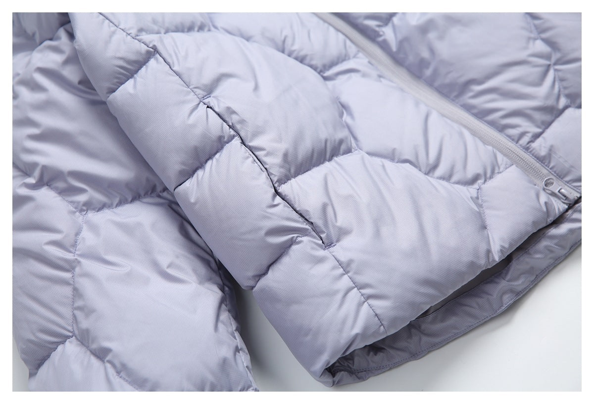 Close-up of pale lavender quilted jacket panels, stitching, and the lower section of its front zipper.