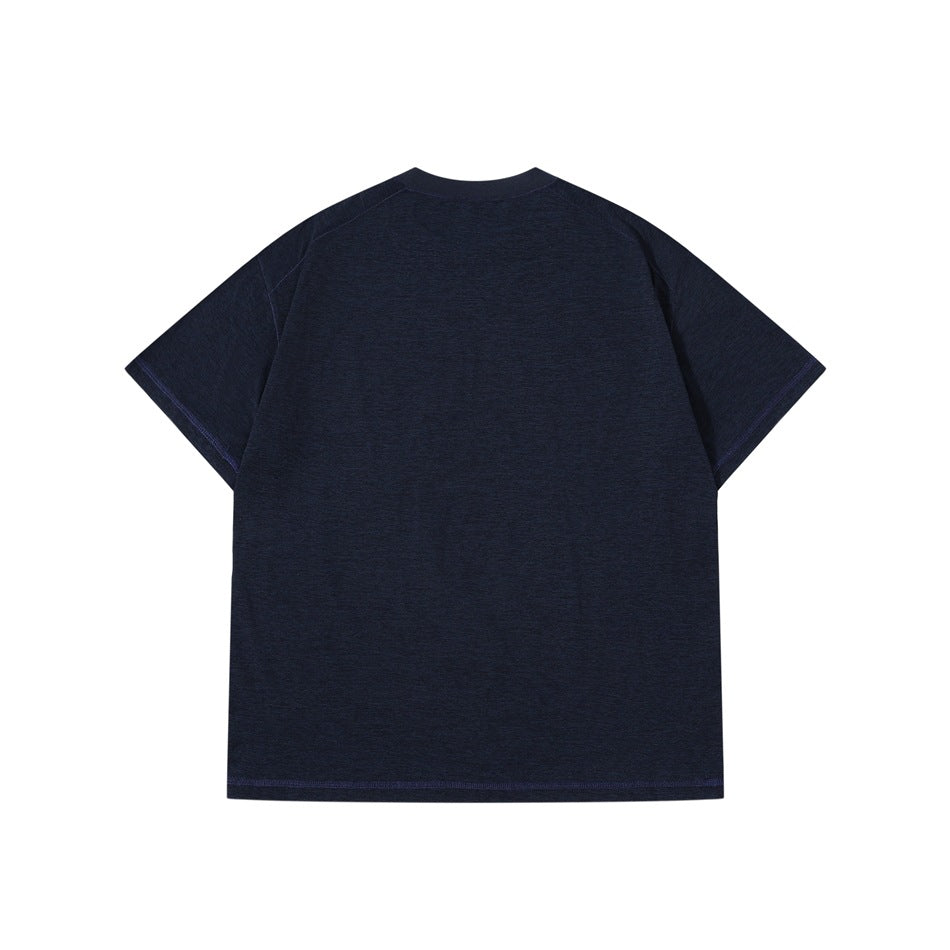 Back view of a deep navy heather short-sleeve crew-neck T-shirt with raglan seams and purple stitching.
