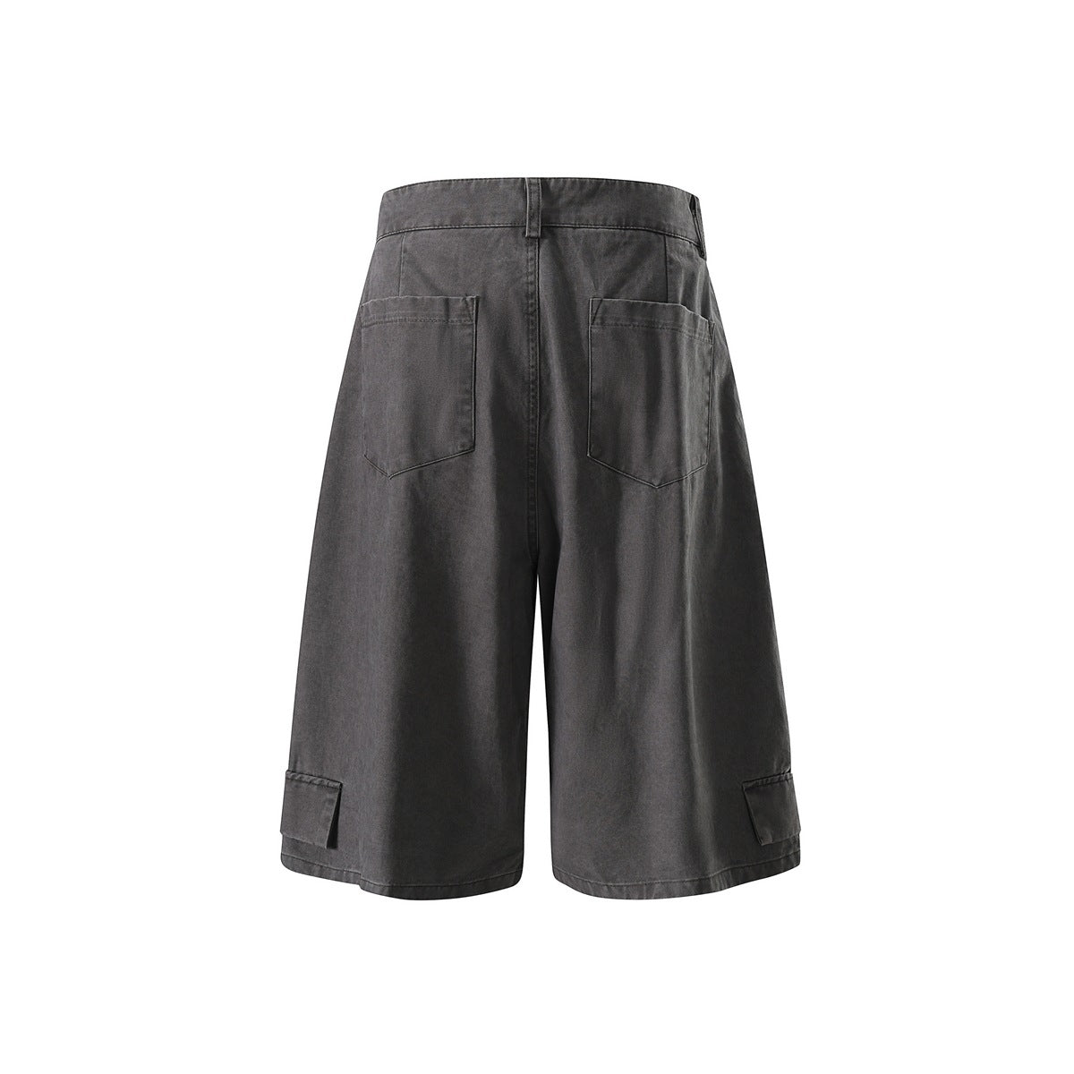 Dark gray knee-length wide-leg shorts, back view, with two patch pockets and lower side flap pockets