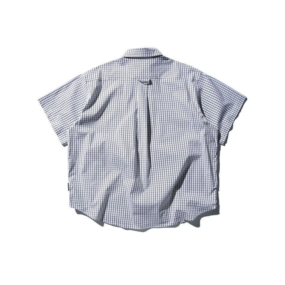 Back view of white check short-sleeve shirt with center pleat and button-down collar, flat lay