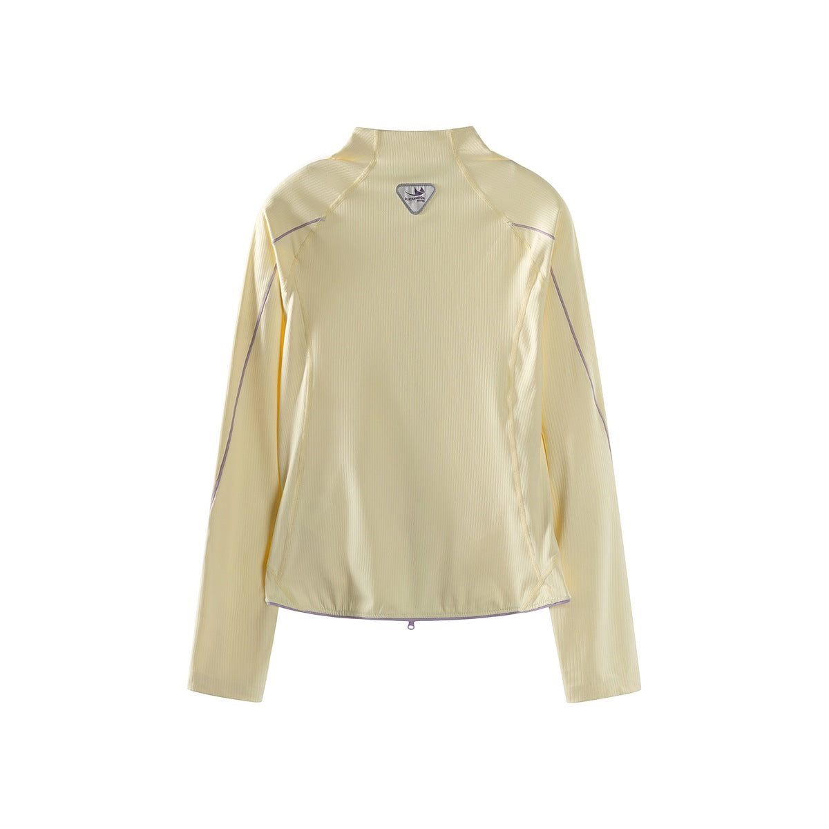 Back view of a pale yellow ribbed long-sleeve jacket with fine lavender piping and a high collar.