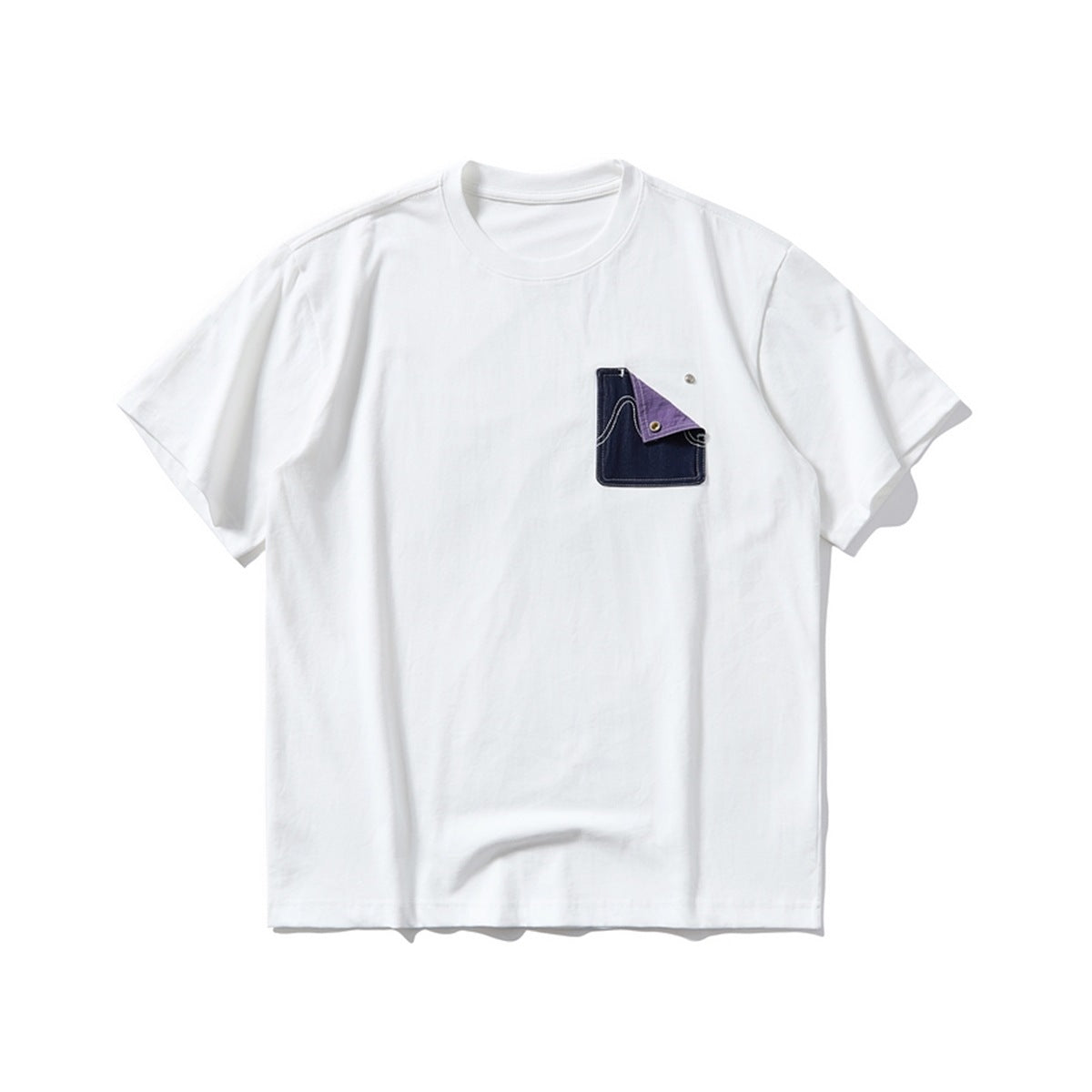 White short-sleeve crew-neck T-shirt with navy contrast-stitched chest pocket and folded purple corner