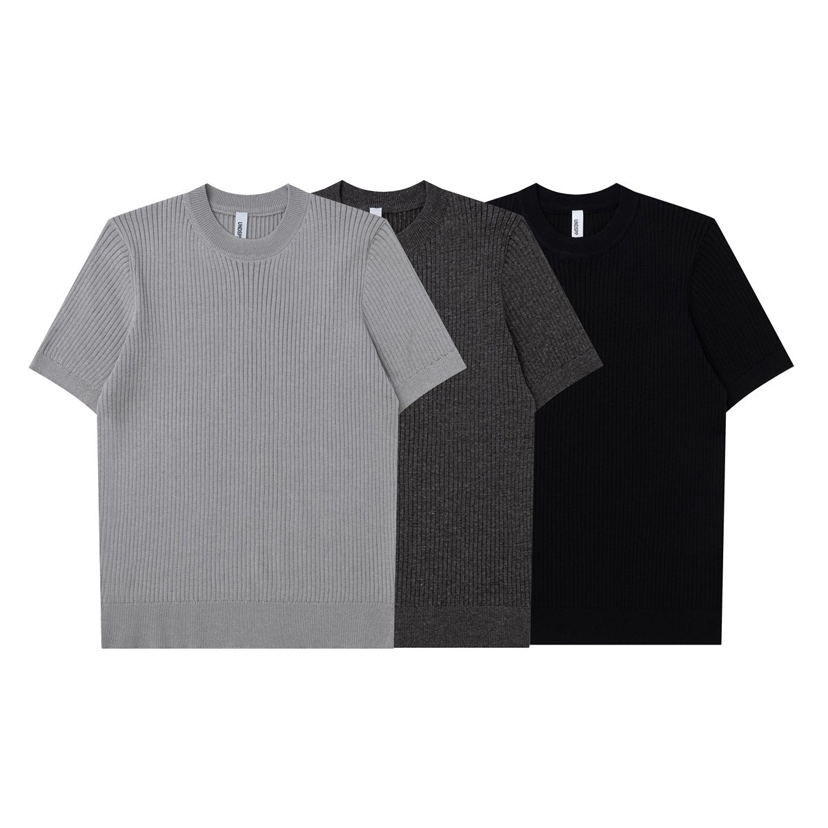 Three short-sleeve ribbed knit crew-neck T-shirts displayed together in light gray, charcoal, and black.