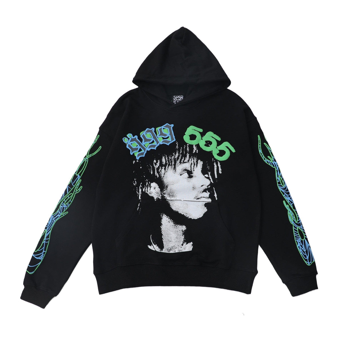 The Sp5der “999 555 Legacy” Hoodie—Black/Green/Blue—features a grayscale front portrait, green "999" and "666" above, blue-green sleeve designs, and is made from heavyweight 440GSM cotton fleece for bold streetwear appeal.