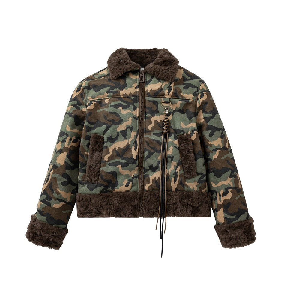 Cropped green camouflage zip jacket with brown fleece-like collar, hem and cuffs and a hanging tassel charm