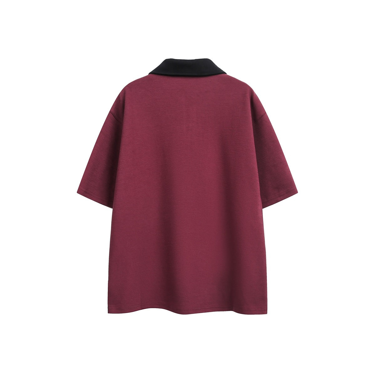 Back view of a burgundy short-sleeve polo shirt with a black collar.