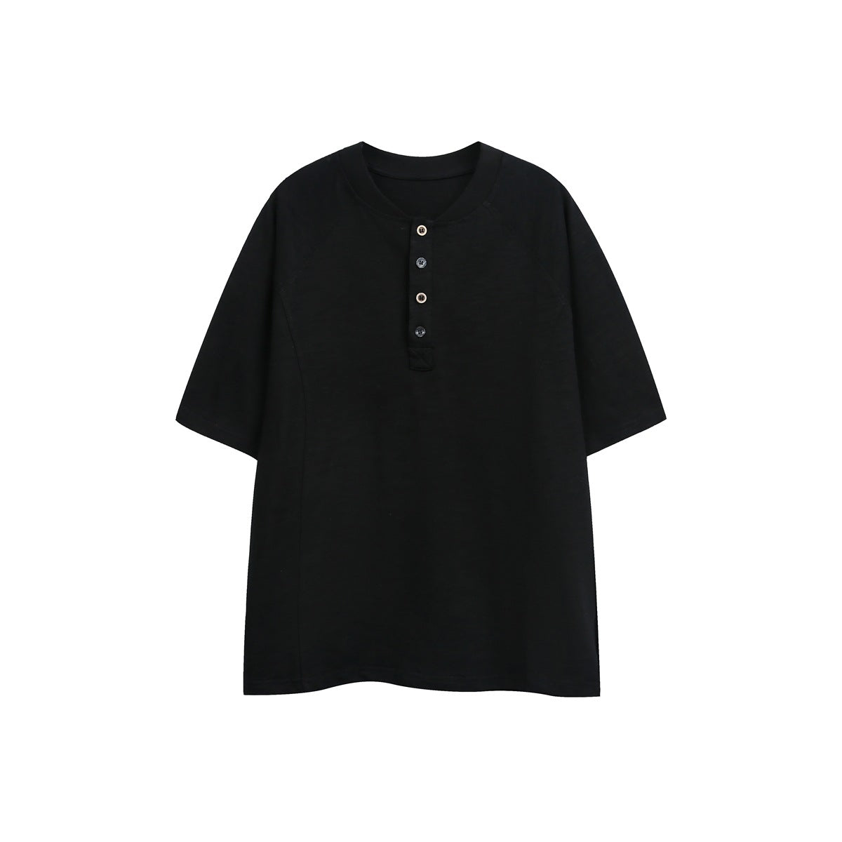 Black short-sleeve Henley T-shirt with four buttons on the placket, flat lay front view