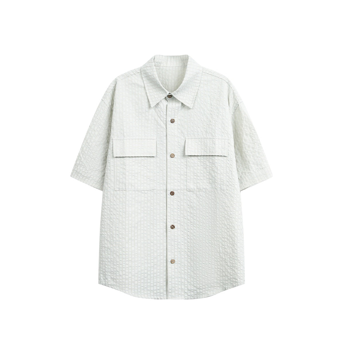 Pale gray short-sleeve button-up shirt, front view, with textured vertical stripes and two flap chest pockets