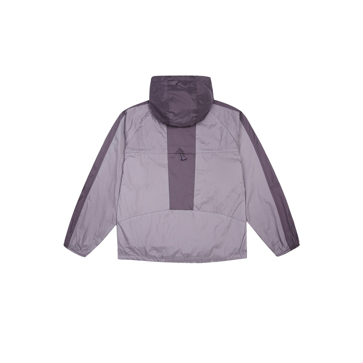 Back view of a color-block hooded jacket in muted purple and lavender, with dark sleeve and hood panels.