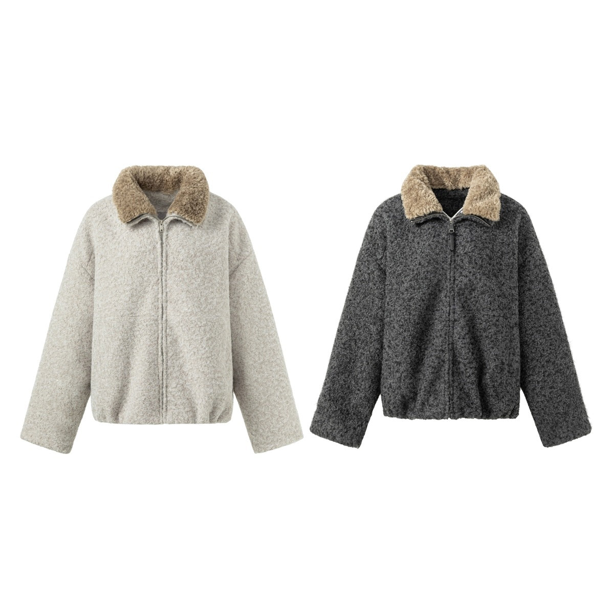 Two front-facing zip jackets: one light beige and one charcoal gray, both with taupe fuzzy collars.