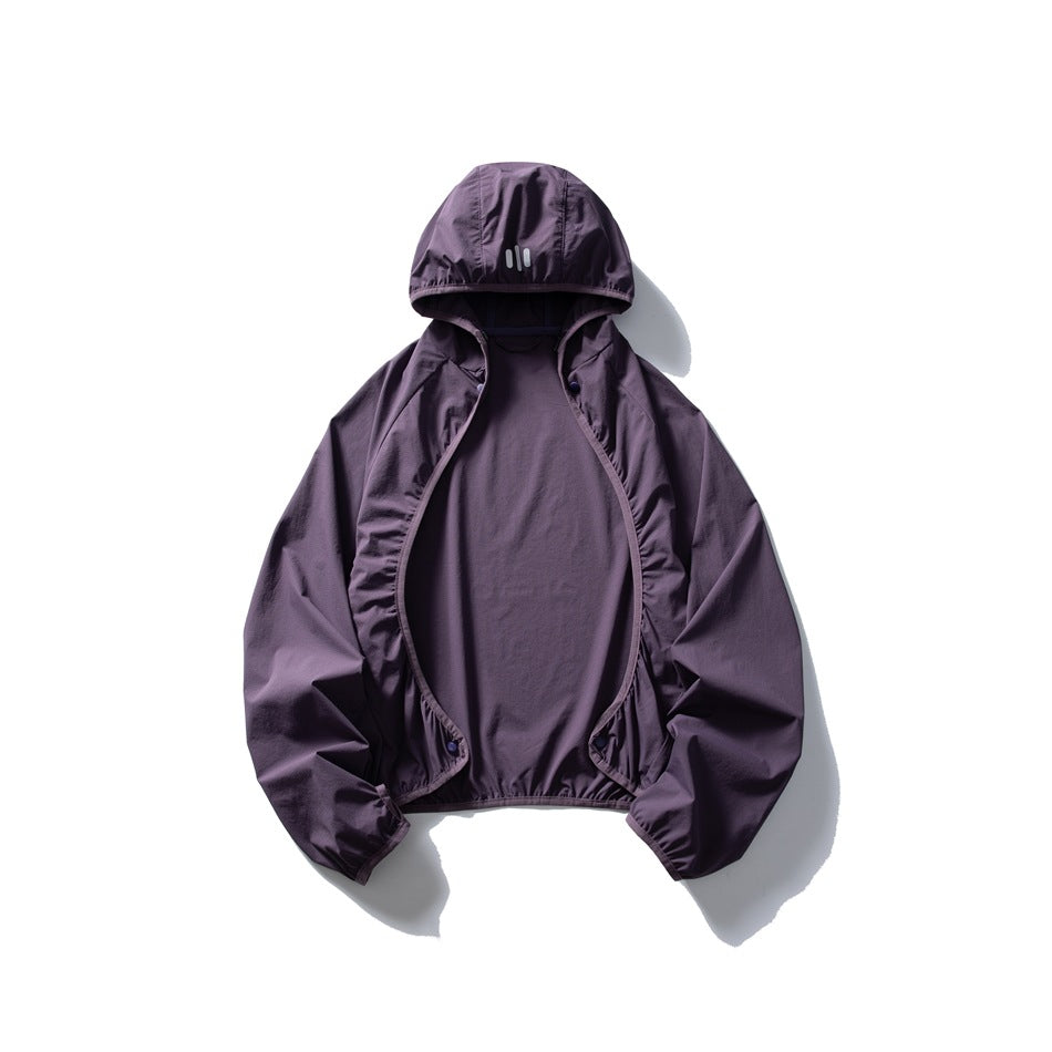 Open plum-purple hooded jacket shown from the front, with long sleeves and a curved front opening.