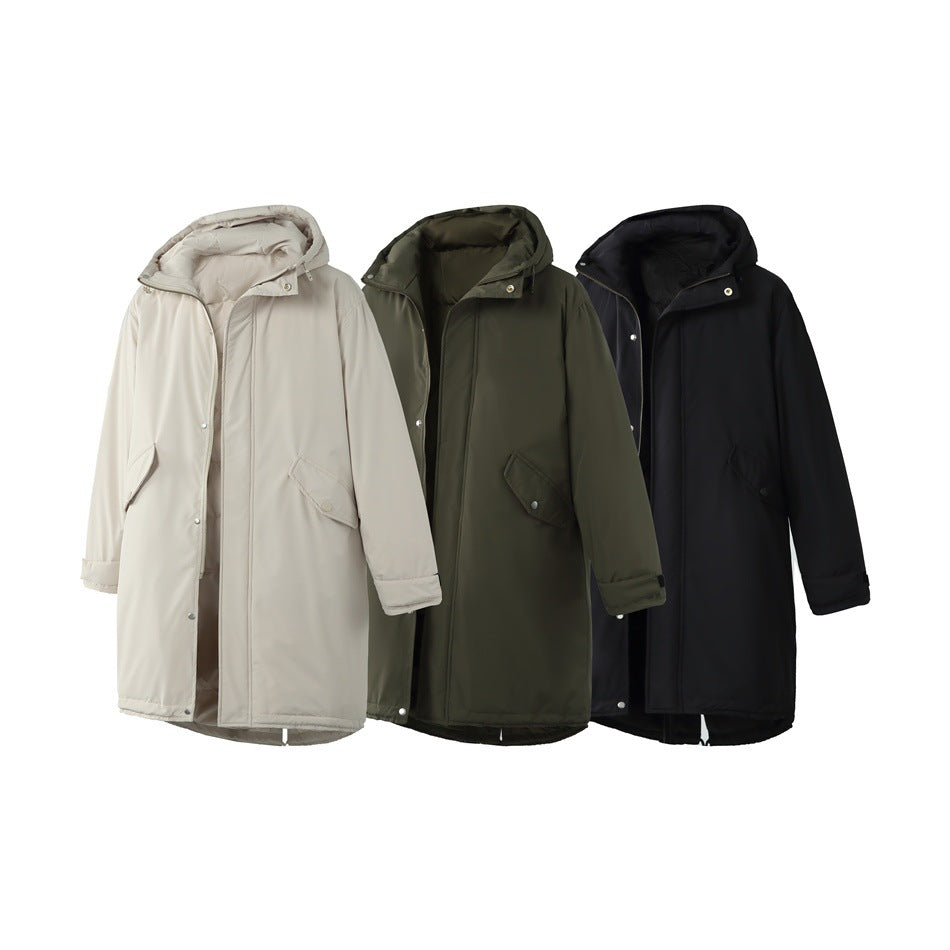Three long hooded coats displayed together in light beige, dark olive, and black.