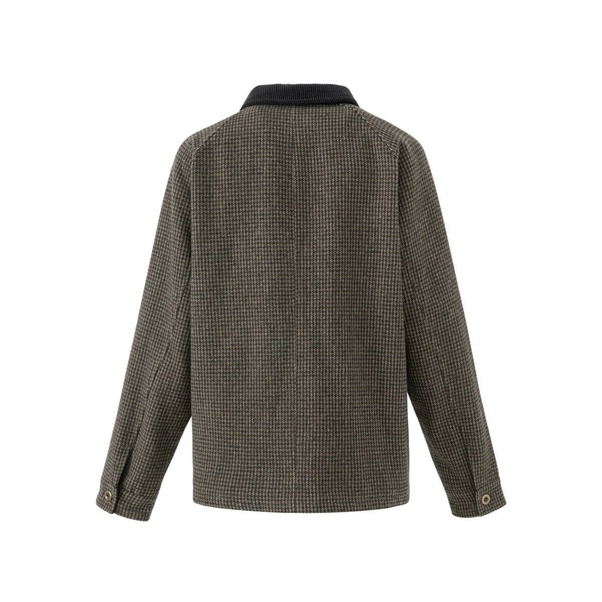 Back view of a brown and gray houndstooth jacket with a black collar and buttoned cuffs.