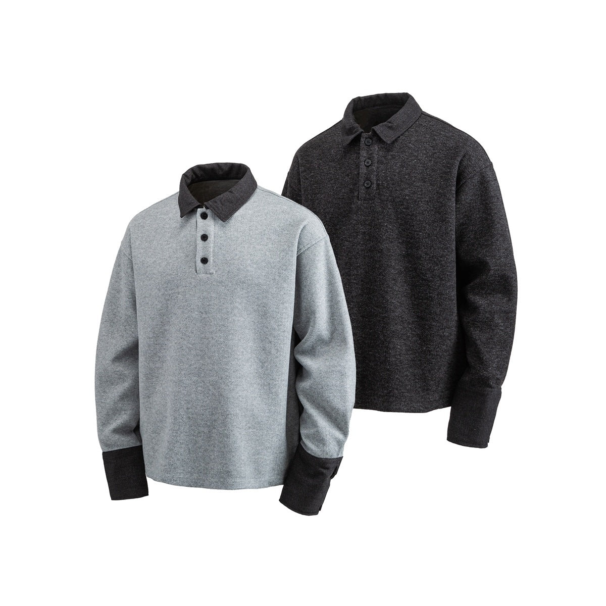 Two long-sleeve collared shirts: light gray with dark trim and charcoal gray, shown from the front.