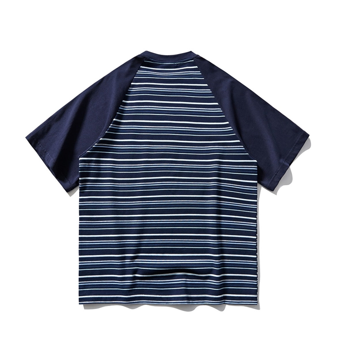 Back view of a navy short-sleeve raglan T-shirt with thin blue and white horizontal stripes.