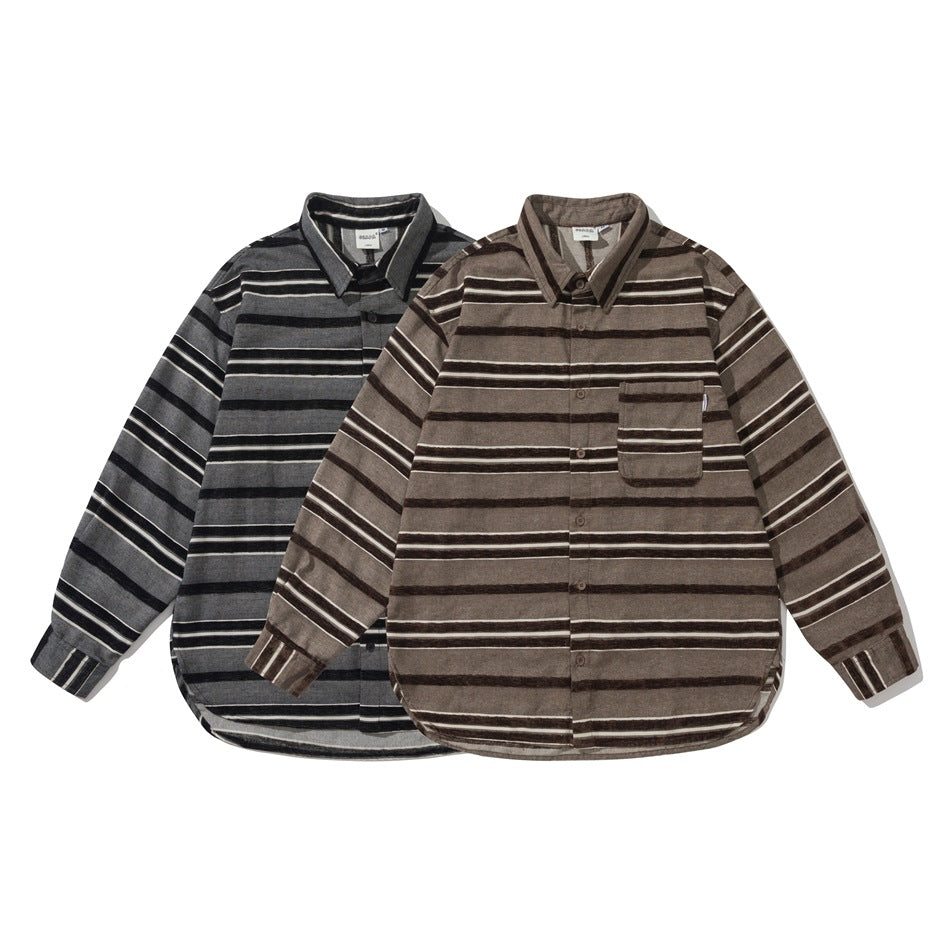 Two long-sleeve button-up shirts shown from the front: one charcoal striped and one brown striped.