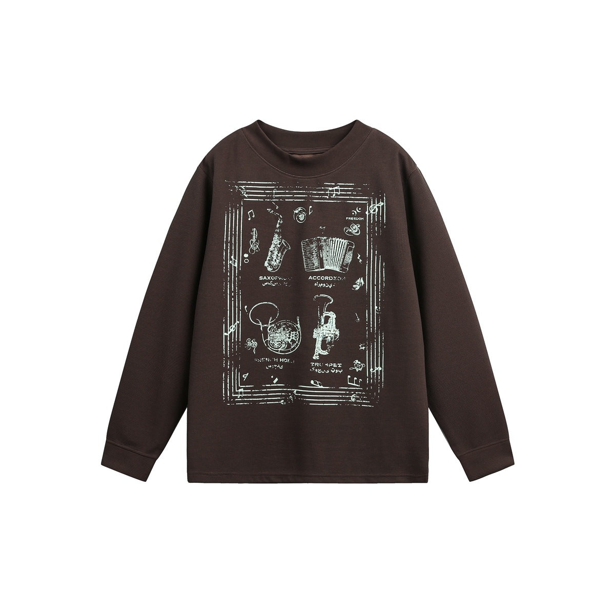 Brown waffle-textured crew neck sweatshirt with a pale musical instrument graphic on the front, flat view