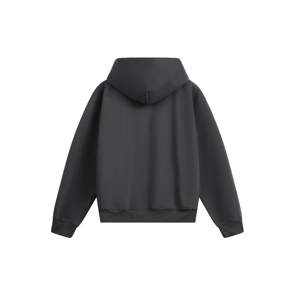Back view of a dark charcoal pullover hoodie with a hood, long sleeves, ribbed cuffs and hem.