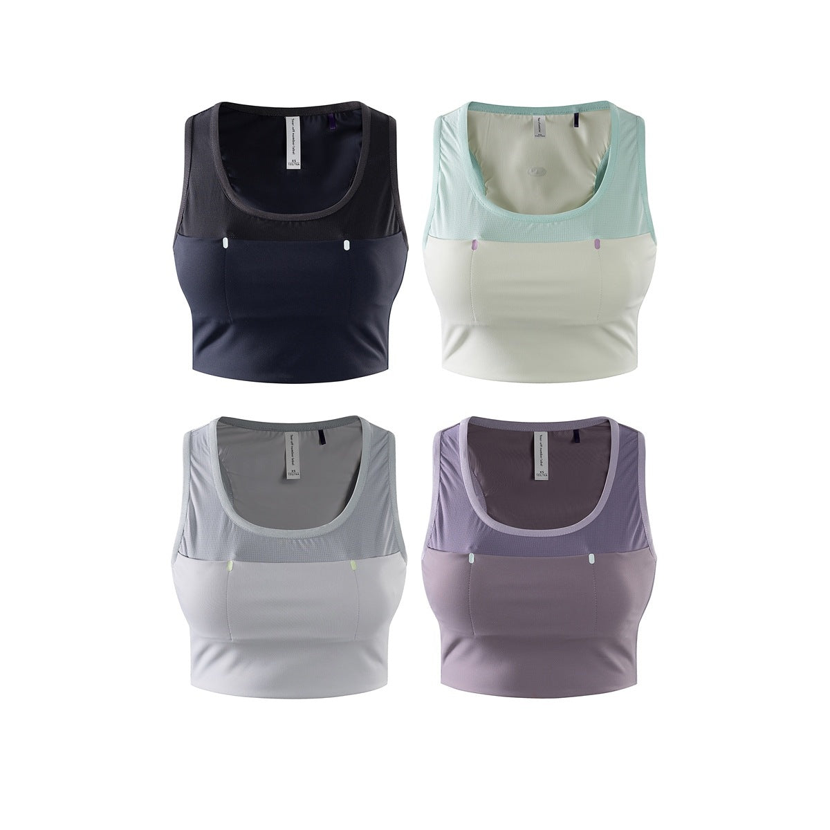 Four cropped sports tops shown flat in black, mint and white, pale gray, and lavender colorways.