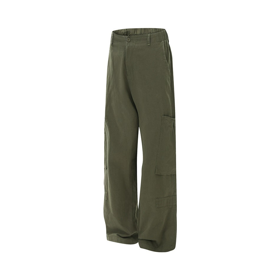 Olive green wide-leg cargo pants shown from the front, with an elasticated waistband and large side pockets.
