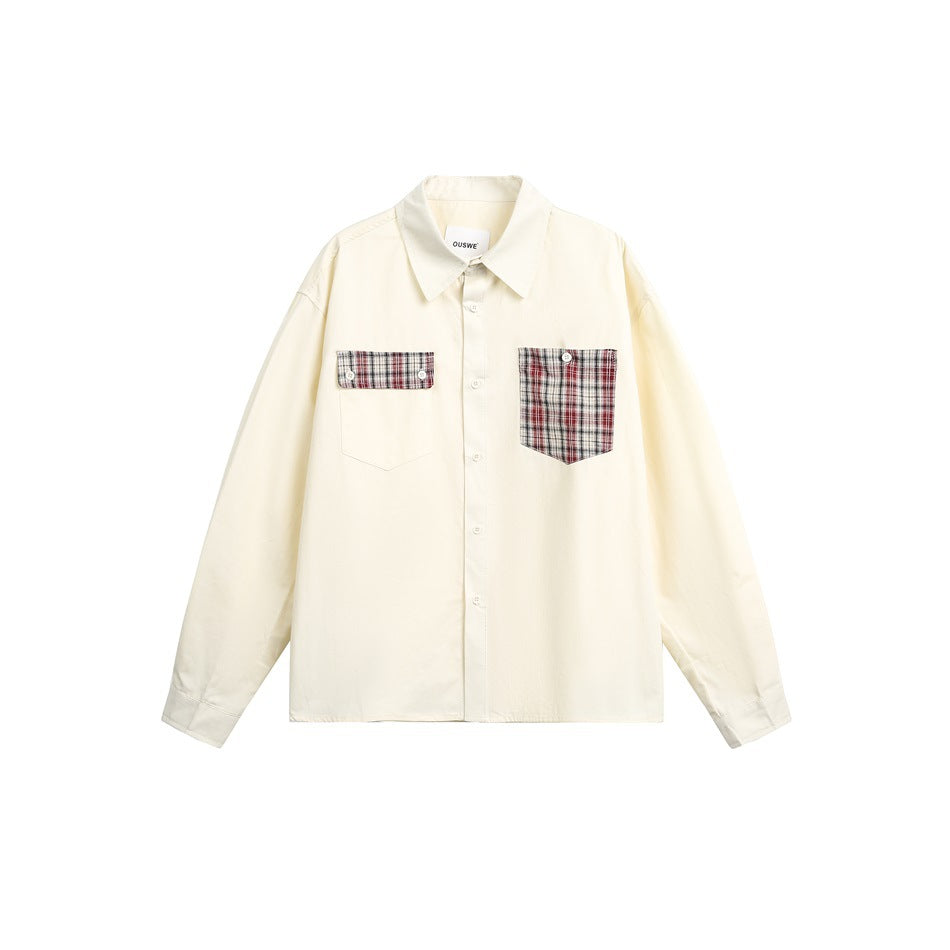 Apricot long-sleeve button-up shirt with plaid chest pocket and flap, flat front view