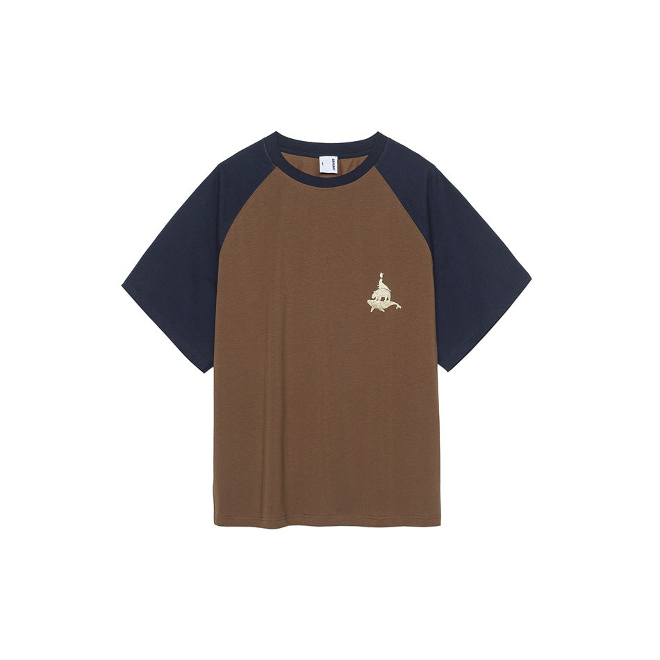 Caramel brown raglan T-shirt with navy sleeves and neckband and a small cream animal graphic on the chest