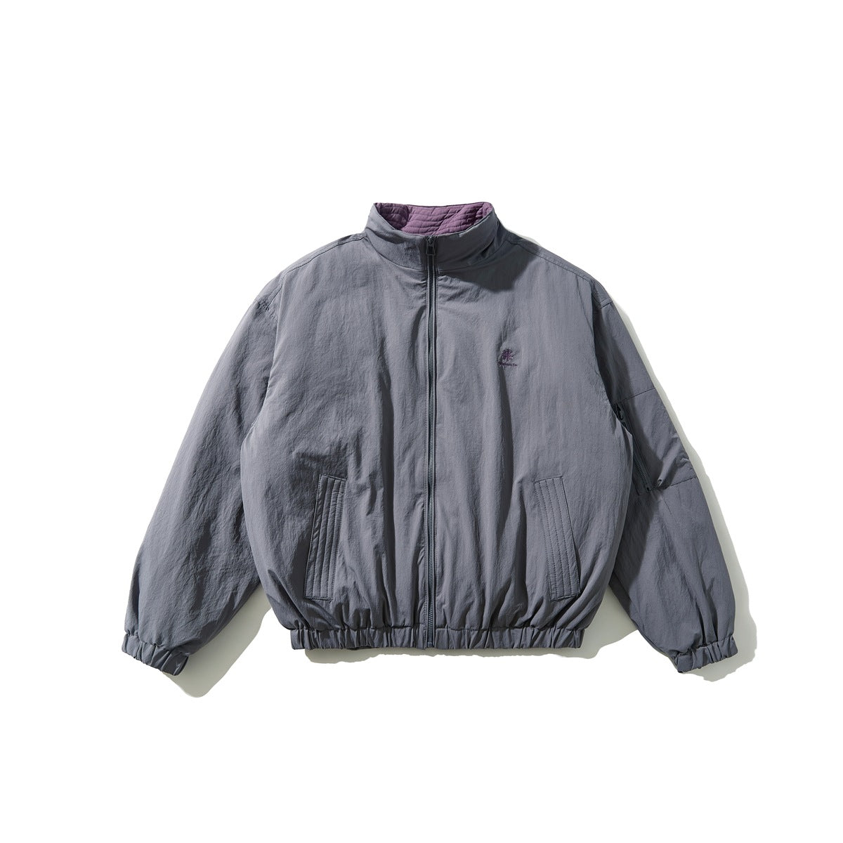 Gray stand-collar zip jacket flat lay with purple quilted collar lining, elastic hem and cuffs, and sleeve pocket
