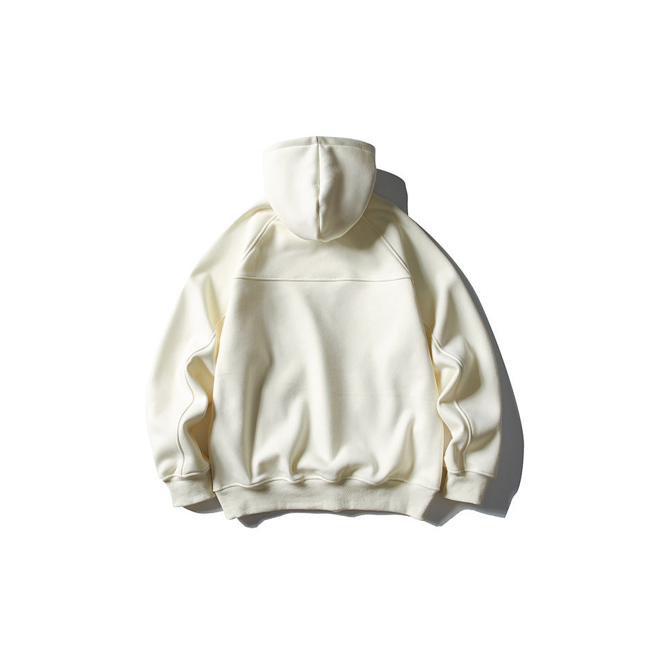 Back view of an ivory pullover hoodie with a hood, raglan sleeves, and ribbed cuffs and hem.