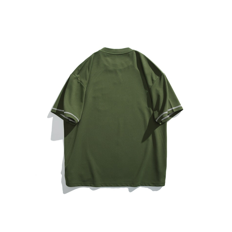 Back view of an olive green short-sleeve T-shirt with light contrast stitching at the sleeve hems.