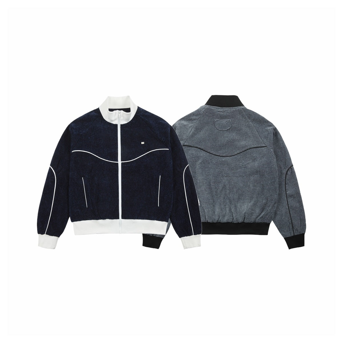 Navy jacket front and gray jacket back shown side by side, with contrasting piping and ribbed trims.