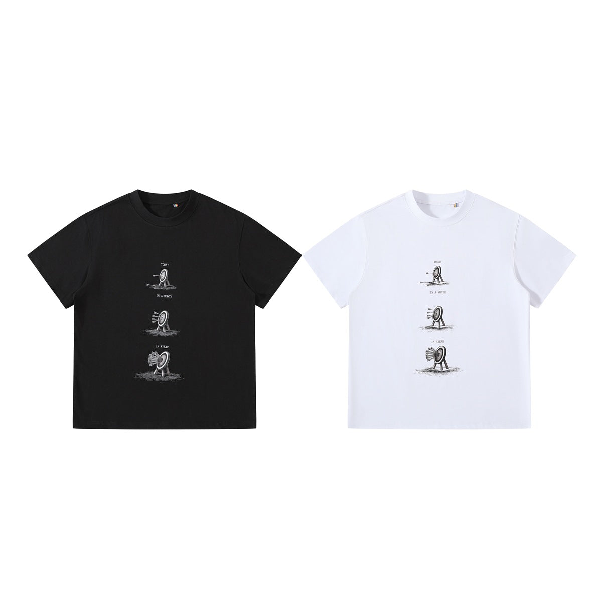Black and white crew-neck T-shirts shown from the front, each with a vertical target-and-arrows graphic and small English