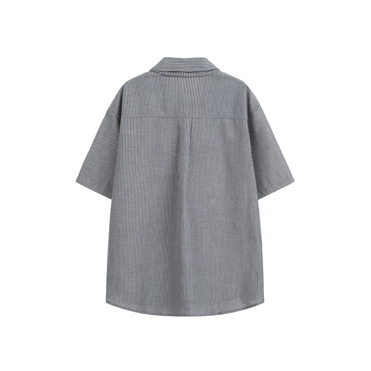 Back view of gray and white striped short-sleeve shirt with yoke seam and center pleat