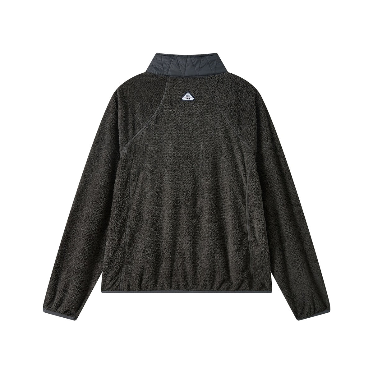 Back view of a charcoal fleece pullover with a dark quilted stand collar and a small triangular patch.