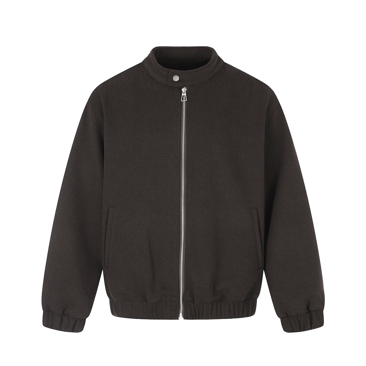 Dark brown textured stand-collar zip jacket with silver zipper, slit pockets and elastic cuffs and hem, front view