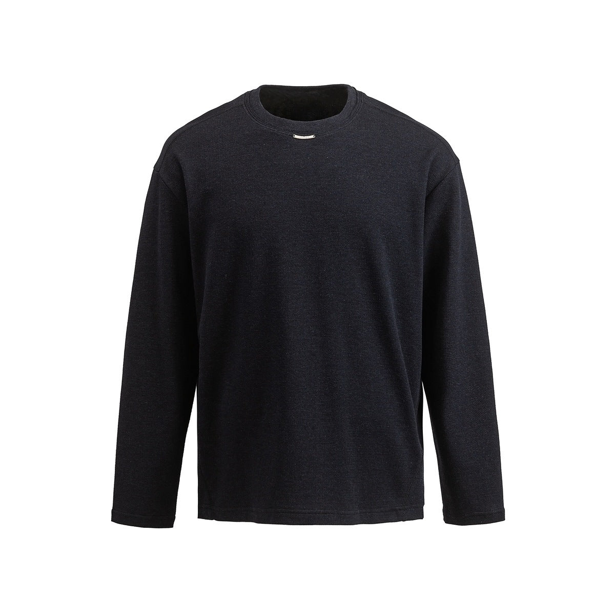 Dark navy long-sleeve crew-neck top, front flat view, with small metal bar at the neckline